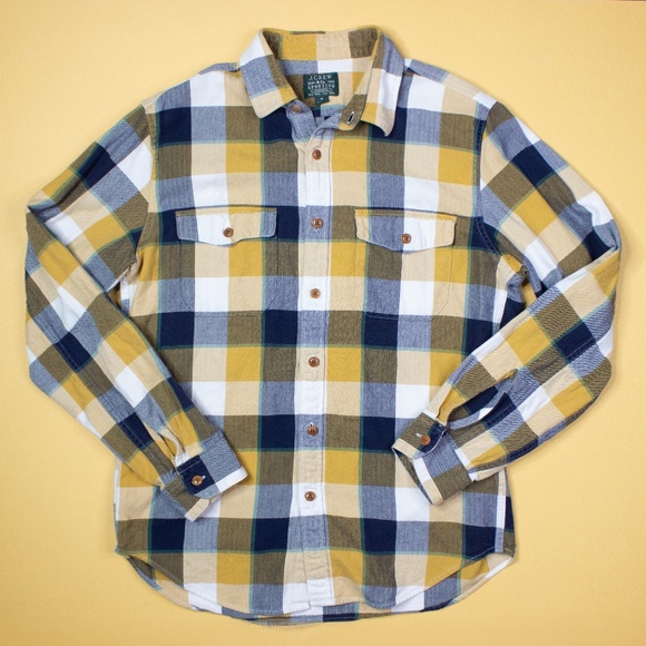 J. Crew Trade & Co Sporting Goods Yellow Blue Plaid Flannel Shirt Men's Size M - Picture 1 of 6